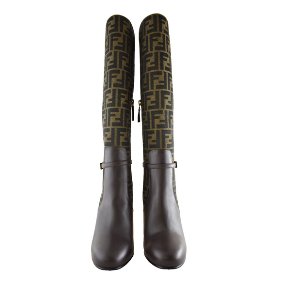 Fendi 105mm Traced Brown Leather Monogram FF Logo Motif Knee High Heel Boot 37 - Picture 11 of 16